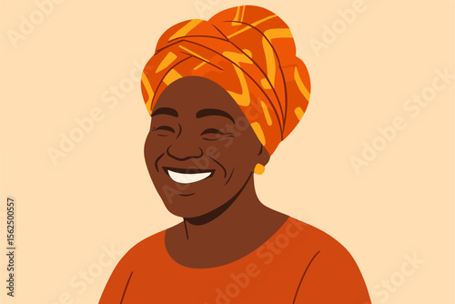 Mature African woman in vibrant orange patterned headscarf and traditional dress. Modern flat vector illustration. Cultural heritage, ethnic fashion, diversity, empowerment, portrait concept.