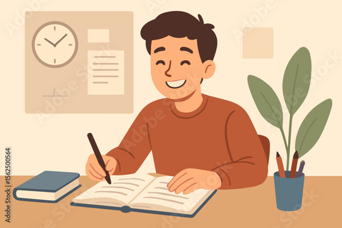 Focused male student studying for exam at desk with open book, writing notes, classroom clock, plant, pencil holder, modern flat cartoon illustration, education, school preparation, academic success