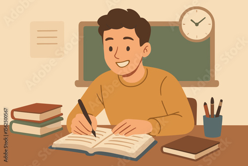 Happy male student studying for exam in classroom, writing notes at desk with books, clock, chalkboard, modern flat cartoon vector illustration, academic learning, back to school education