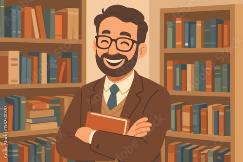 University professor standing in academic library holding book, modern flat vector illustration. Educator in suit, bookshelf background, scholarly learning, higher education, teaching concept