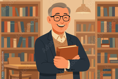 University Professor Holding Book in Library Interior. Academic Teacher in Suit Surrounded by Bookshelves. Modern Flat Vector Illustration for Education, Literature, Learning, Knowledge Concept