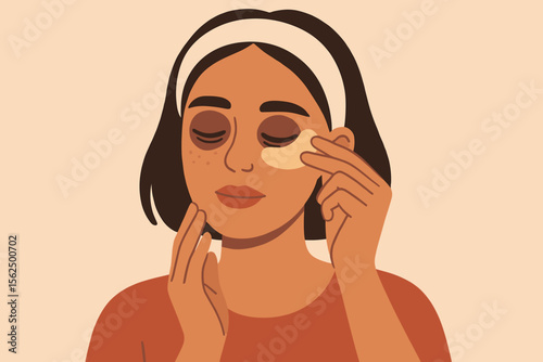 Woman applying under eye mask for dark circles, facial skincare routine, beauty treatment, self care, spa day, relaxing home wellness, modern flat cartoon vector illustration