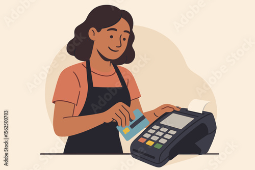 Smiling waitress swiping credit card on POS terminal, modern flat vector illustration, female cashier processing payment, retail transaction, customer service, electronic payment concept
