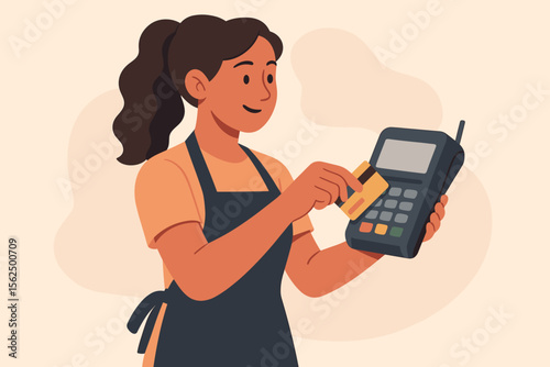 Female cashier processing payment with credit card on POS terminal. Modern flat vector illustration of retail worker in apron using card reader. Cashless transaction, store checkout concept.