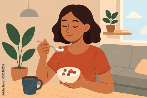 Woman enjoying healthy breakfast yogurt with strawberries and blueberries at home. Modern flat vector illustration of morning routine, cozy kitchen, coffee, indoor plants, relaxing lifestyle