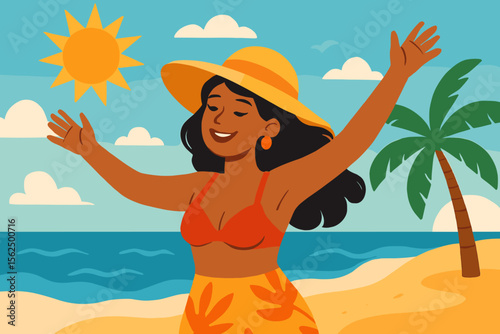 Woman enjoying summer vacation on a tropical beach. Girl in swimsuit sunbathing under an umbrella by the sea. Modern flat vector cartoon illustration for travel and leisure concepts.