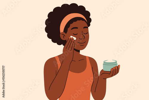 African American woman applying moisturizing face cream. Skincare routine. Self care beauty treatment. Natural curly hair. Modern flat cartoon vector illustration. Healthy lifestyle concept.