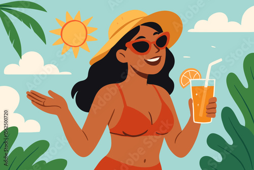 Summer vacation lifestyle concept with a happy smiling young woman enjoying the sunny day outdoors. Modern flat cartoon vector character illustration for travel and leisure design.