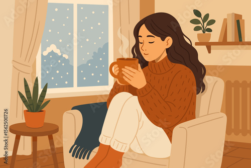 Cozy winter home relaxation scene. Young woman in warm sweater drinking tea, sitting in armchair by window with snow, indoor plants, Scandinavian interior, peaceful lifestyle vector illustration