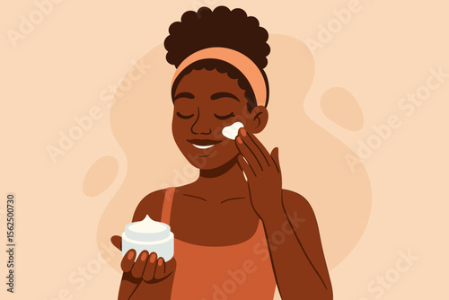 African American woman applying facial moisturizer. Skincare routine. Self care. Beauty treatment. Body lotion. Healthy skin. Natural cosmetics. Modern flat cartoon vector illustration. Wellness.