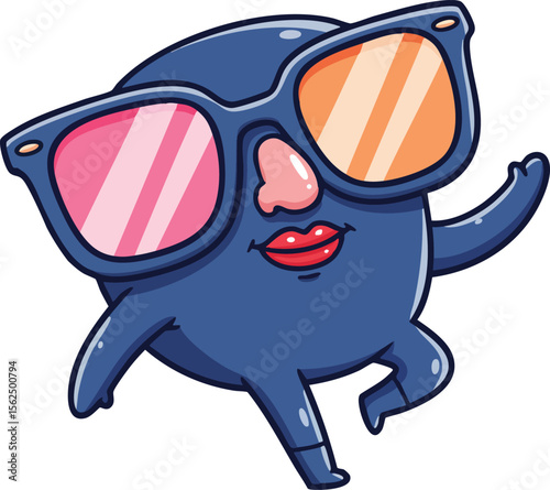 Cool blue cartoon character wearing oversized pink and orange sunglasses with red lips dancing vector illustration