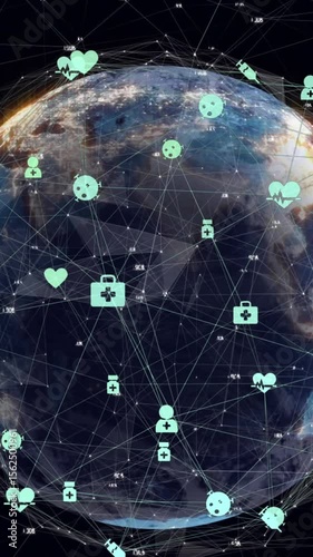 Animation of connected icons and dots around rotating globe over black background
