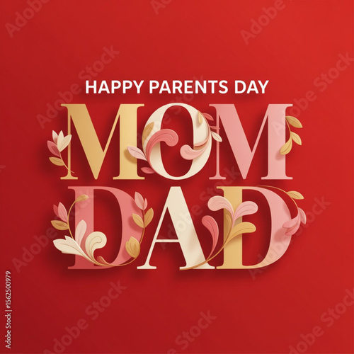 Happy Parents Day typography, vector design, red background, celebration, bold text, love, family, elegant, festive, modern, greeting, stylish font, decorative, flat design, vector format.
