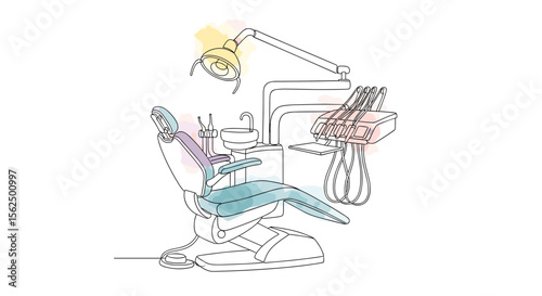 Dental chair and lamp - one line doodle drawing with watercolor fill, minimal vector on white