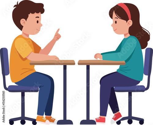Children sitting at table facing each other in conversation vector illustration of boy and girl communicating indoors