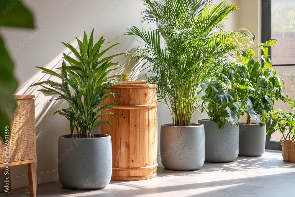 Fototapeta premium Interior space featuring modular rainwater system with vibrant plants and natural light