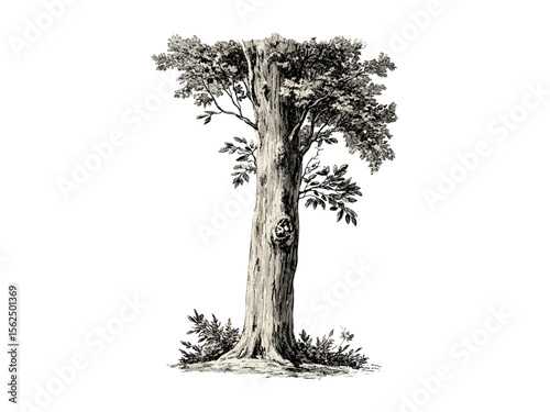 Elm tree trunk engraving, vintage botanical drawing, rustic decor, black sketch, eco-friendly art print, nature tree illustration, retro engraving style, woodland texture print