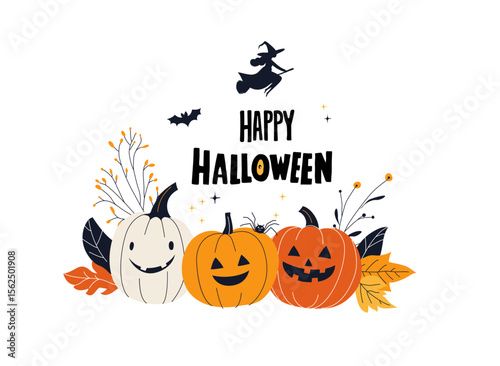 Happy Halloween with Cute Pumpkins, Witch, Spider and Fall Leaves. Festive Greeting Card. Autumn Halloween Poster Jack-o-Lantern Trio, Flying Witch and Seasonal Elements. Flat vector illustration