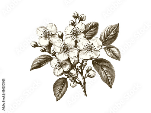 Hand-drawn vintage engraving of hawthorn tree flowers, black sketch, hawthorn blossoms, woodland art, eco-friendly floral decor, retro tree print, old engraving style, botanical illustration