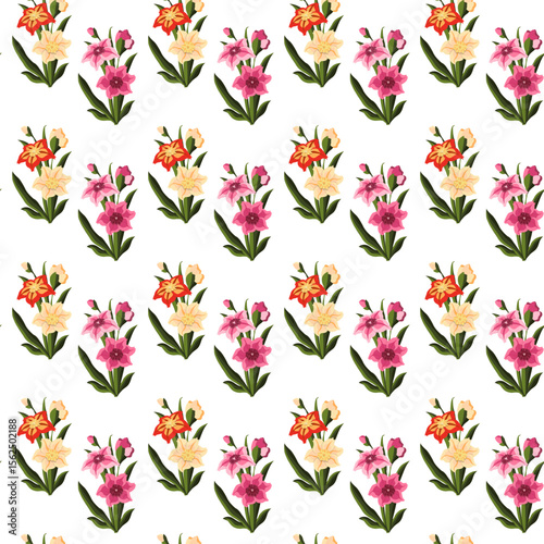 Simple flowers in flat style. Seamless pattern. Vector illustration.