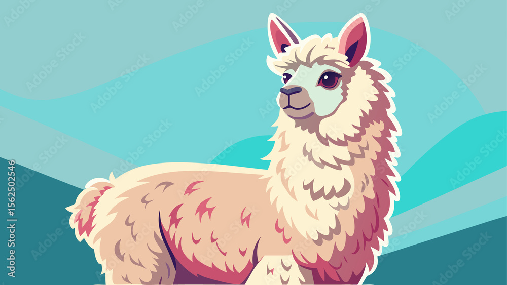 Fototapeta premium Retro Style Alpaca with Fluffy Fur Looking Up