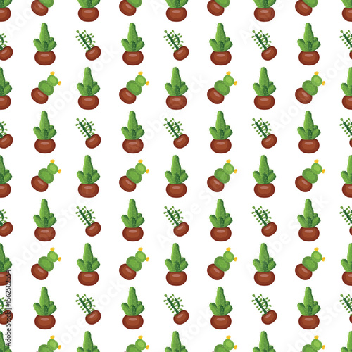 Cactus in a clay pot. Exotic plant. Seamless pattern. Vector illustration.