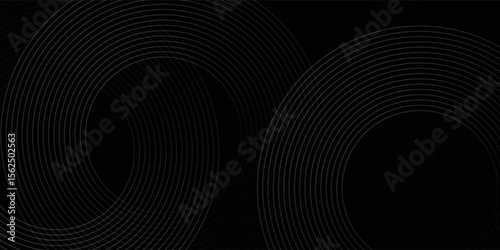 Black abstract background with circle lines. Modern black gray gradient rings. Suitable for banner, cover, poster, website, presentation, brochure, flyer, header