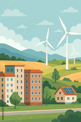 Sustainable city concept with renewable energy. Urban landscape with apartment buildings and a house with solar panels. Wind farm with turbines on hills. Eco friendly living illustration.