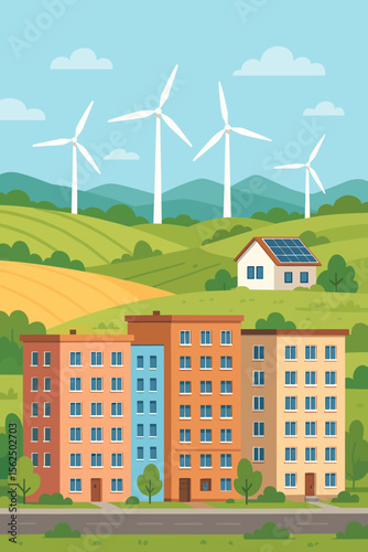 Eco-friendly city with apartment buildings powered by renewable energy. Urban landscape with a wind farm, turbines on hills, and a house with solar panels. Sustainable concept vector.