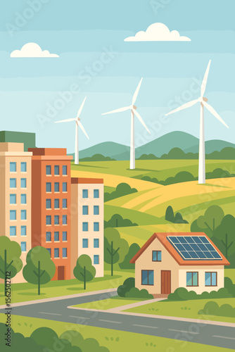 Sustainable city concept with green renewable energy. Urban landscape with apartment buildings and a house with solar panels. Wind farm with turbines on hills. Eco friendly community.