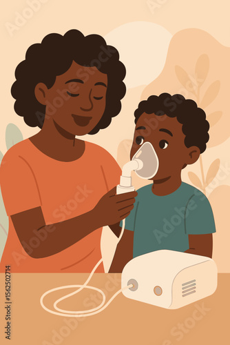 African mother helps son with asthma treatment using nebulizer inhaler. Black family healthcare concept. Mom cares for sick child with respiratory illness. Cartoon vector illustration.