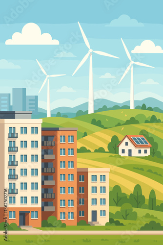 Sustainable city concept with apartment buildings and renewable energy. Urban landscape with wind turbines and a house with solar panels. Eco friendly residential area vector illustration.