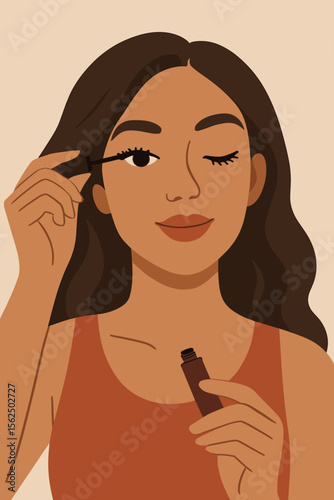 Beautiful woman applying black mascara on her eyelashes with a brush. Makeup and cosmetic product application. Daily beauty routine, getting ready, self care concept. Vector illustration.