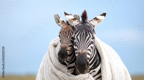 Heartwarming Zebra Embrace: Two Zebras Snuggled Together Under a Cozy Blanket