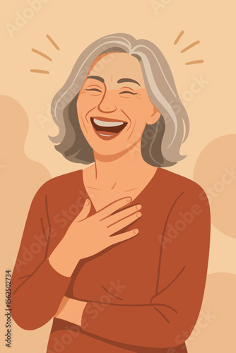 Happy mature woman laughing. Joyful elderly senior lady with grey hair expressing positive emotion. Beautiful cartoon character portrait. Modern flat vector illustration concept.