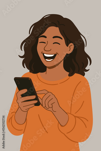 Happy laughing woman with smartphone. Cheerful young female character enjoying funny online content or video call. Positive emotion, joy, and good news concept. Modern flat vector illustration.