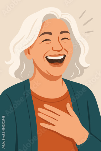 Happy elderly woman laughing out loud. Cheerful senior lady with grey hair expressing pure joy and happiness. Concept for healthy aging, good mood, and positive lifestyle.