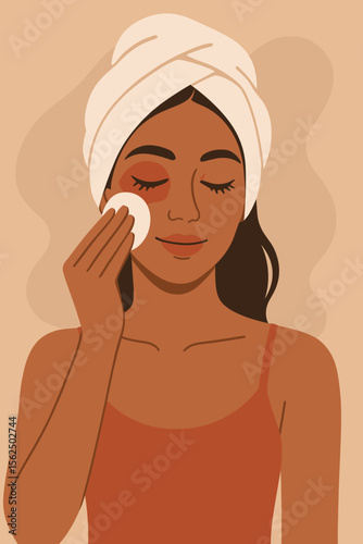 Beautiful black woman removing makeup with cotton pad. Skincare routine for healthy skin. Girl cleansing face. Self care, beauty, wellness and hygiene concept vector illustration.