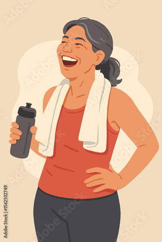 Happy mature woman laughing after workout. Healthy active senior enjoying fitness and exercise. Concept of well-being, positive aging, and healthy lifestyle. Flat vector illustration.