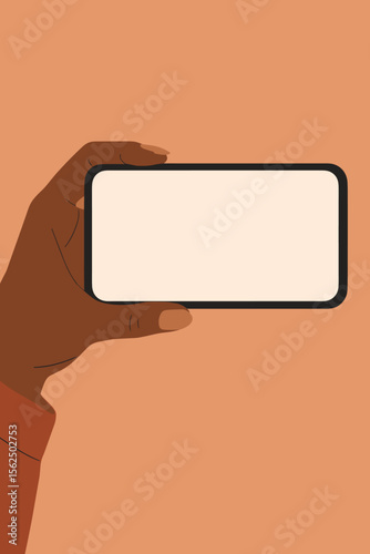 Black woman hand holding smartphone horizontally. Mobile phone with blank white screen for mockup template. African American person using device. Modern flat vector illustration.