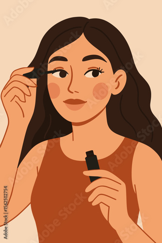 Beautiful woman applying mascara with a brush. Daily makeup routine concept. Self care and beauty. Young girl doing her makeup. Modern flat vector cartoon character illustration.
