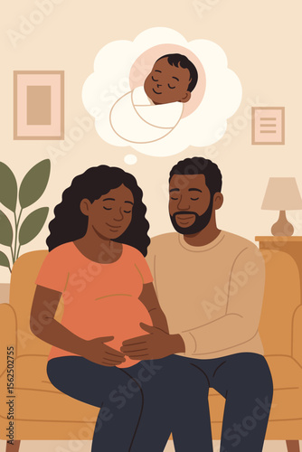 Happy black expectant couple dreaming of their newborn baby. Pregnant woman and loving man on a sofa thinking about their future child. Family, maternity, parenthood concept vector.