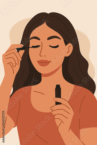 Beautiful woman applying black mascara on her long eyelashes. Makeup and beauty routine concept. Female character doing visage. Personal care. Modern flat cartoon vector illustration.