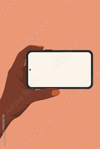 Black woman hand holding smartphone horizontally. Blank screen mockup for advertising. Person watching video or playing games on mobile phone. Modern flat vector illustration.