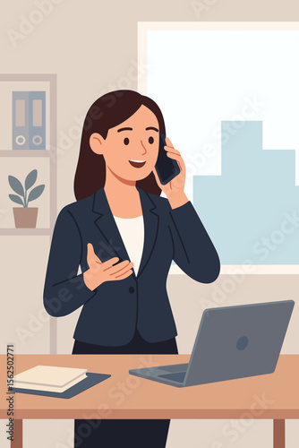 Professional business woman making a call on her smartphone in a modern office. Corporate employee or manager communicating with a client or customer. Vector cartoon illustration.