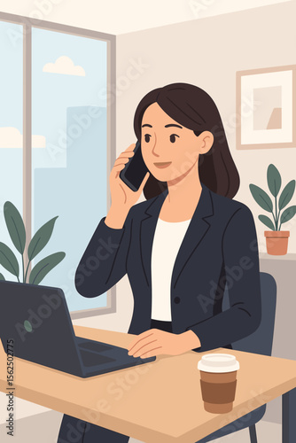 Businesswoman at office desk talking on phone, working on laptop. Young female employee or manager multitasking. Concept of career, communication, customer support. Modern flat vector illustration.