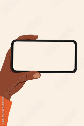Black woman hand holds smartphone horizontally. Mockup of mobile phone with blank screen. African American person using gadget. Watching video, browsing internet, using app. Flat vector