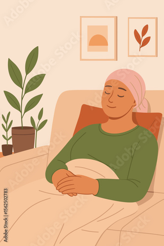 Hopeful woman with cancer resting peacefully in bed. Patient wearing headscarf recovering after chemotherapy. Concept of oncology, healthcare, medical support, and survival.