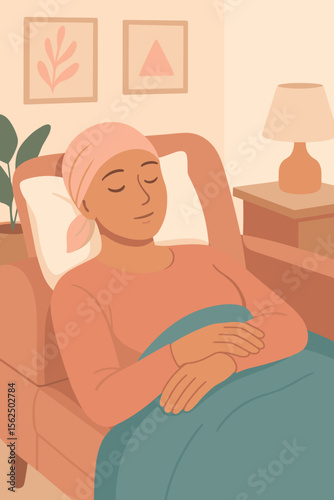 Cancer patient woman with headscarf resting in chair. Concept of oncology, chemotherapy, recovery, hope and support. Female character sleeping during treatment. Flat vector illustration.
