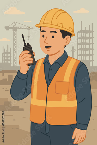 Male construction engineer using a walkie talkie on a building site. Asian foreman or worker character in hard hat and safety vest. Communication and teamwork vector illustration.